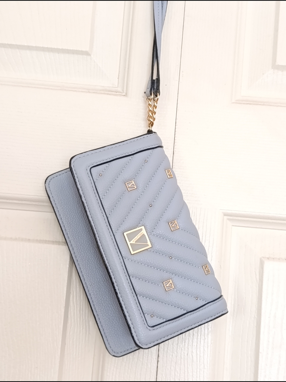 Victoria's Secret Pale Blue Quilted Crossbody Wallet with Gold Accents